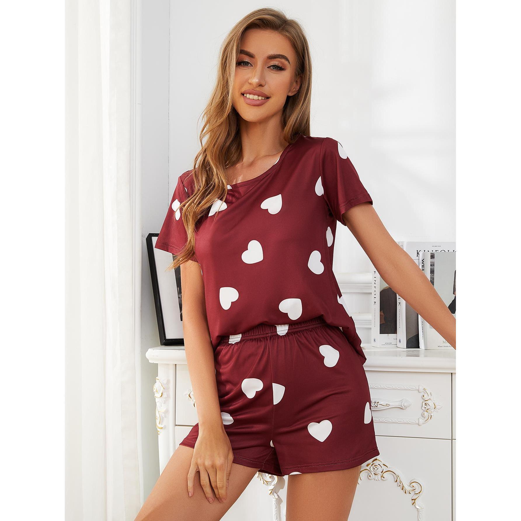 Round Neck Love Print Pajamas Set Women Lounge Nightgown Pajamas Sleeping Suits